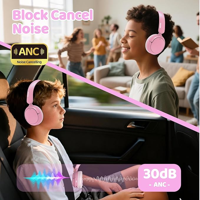 MIDOLA Kids Bluetooth Headphones Active Noise Cancelling,68H Play Time,Lightweight Wireless Foldable Over-Ear Headphone for Kid Toddler,Volume Limited 85/94dB,Headsets with Built-in Mic Pink