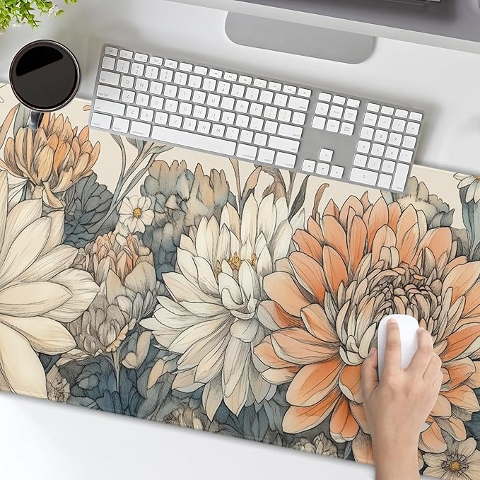Japanese Minimalist Floral Desk Mat Vintage Botanical Flower Mouse Pad Beautiful Flowers Desk Pad 35.4”x15.7” Cute Floral Gaming Mouse Pad with Non-Slip Rubber Base Stitched Edge for Home Office Work