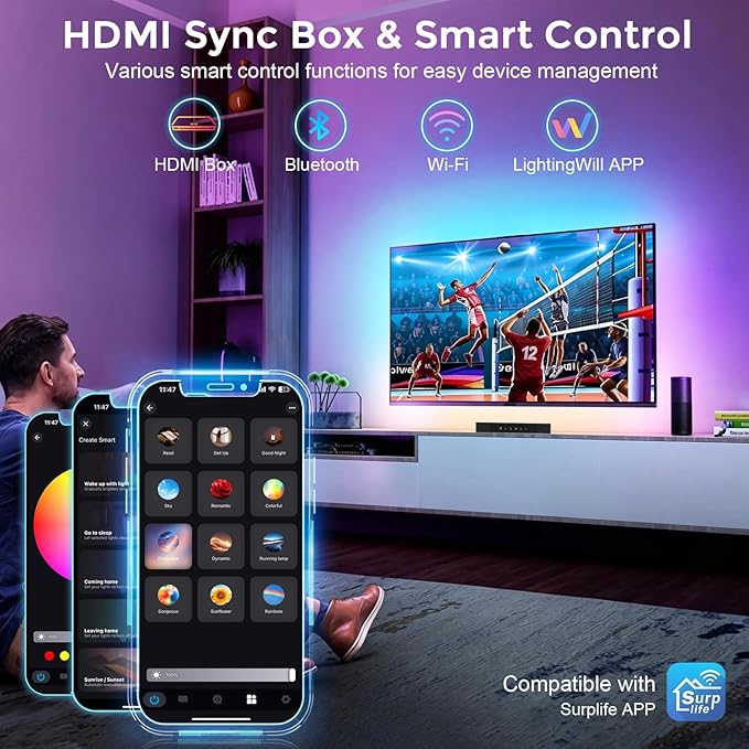 LightingWill TV LED Backlight with 4K HDMI Sync Box, 16.4ft RGBIC LED Strip Lights for 75-85 Inch TV, Sync with Screen, 3 HDMI Inputs, 60 LEDs/m High Density, App Control, Works with Alexa & Google