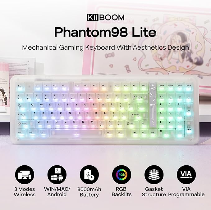 KiiBoom Phantom98 Lite 96% Wireless Mechanical Gaming Keyboard, VIA Programmable, Creamy Keyboard with Gasket, 8000mAh Battery, Hot Swap, RGB Backlits, NKRO for Win/Mac (Clear, Mochi Switch)