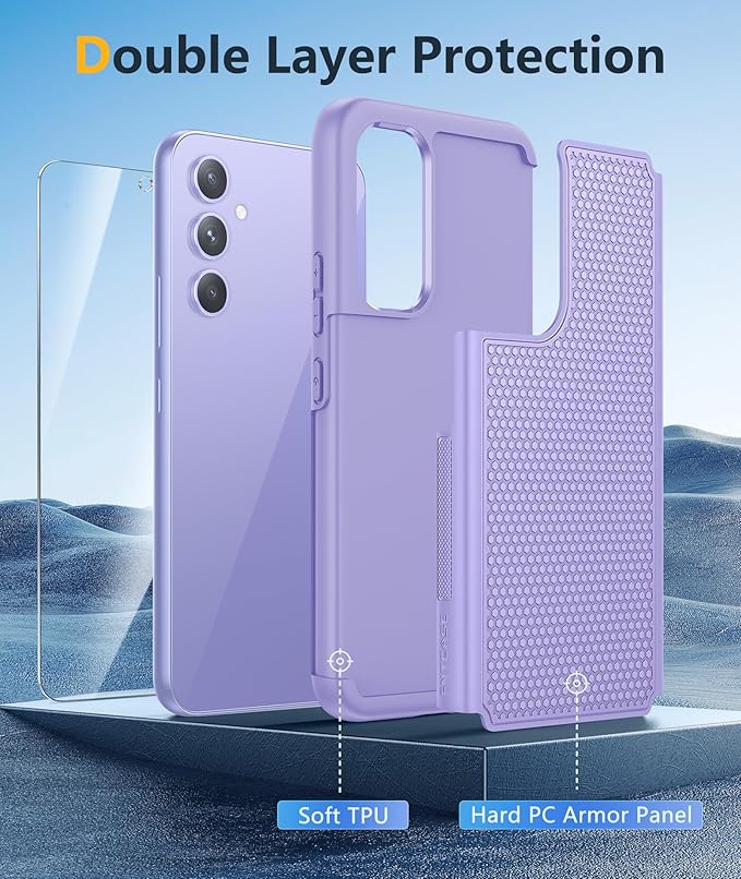 FNTCASE for Galaxy A54-5G Phone Case: Samsung A54 5G Military Grade Drop Protection, 14ft Drop Tested, Screen Protector Included, Anti-Slip Textured, TPU+PC Dual Layer Shockproof Cover (Light Purple)
