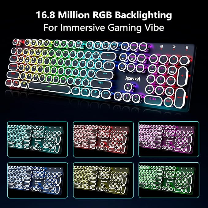 Redragon K710 Wireless Typewriter Style Mechanical Gaming Keyboard, Bluetooth/2.4Ghz/Wired, RGB Backlit, Rechargeable, Blue Switch - Clicky, Metal Panel, Round Keycaps, Black