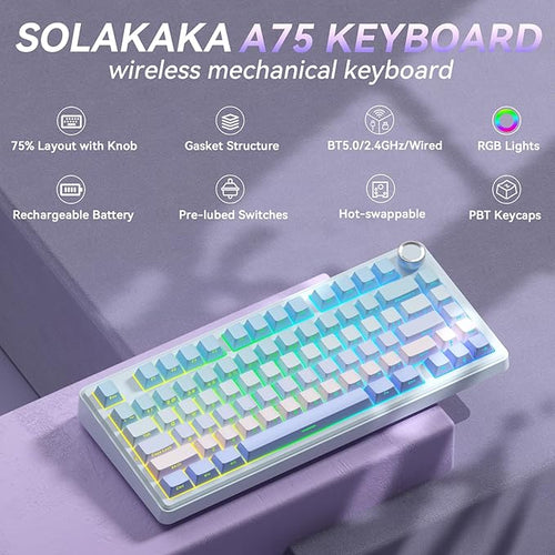 SOLAKAKA A75 Wireless Mechanical Keyboard, Hot Swappable Gaming Keyboard with RGB Backlit, Multifunction Knob, Gasket Mounted Creamy Keyboard, BT5.0/2.4GHz/USB-C, 75% Compact Layout for Win/Mac/PC