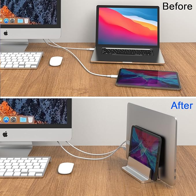 BULL-TECH New Vertical Laptop Stand, Adjustable 2 Slot Aluminum Desktop Holde(Up to 17.3 inch), Fits All MacBook/Microsoft Surface/HP/Dell/ChromeBook/iPad and Gaming Laptops (Silver)
