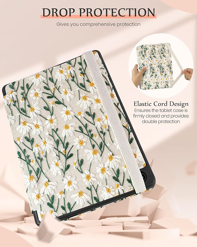 Uppuppy for Samsung Galaxy Tab A9 Plus Case 11'' - Women Girls Cute Embroidered Folio Stand Cover with Pencil Holder & Card Slot Girly White Daisy Flower Design Aesthetic Cases for Samsung Tab A9 Plus