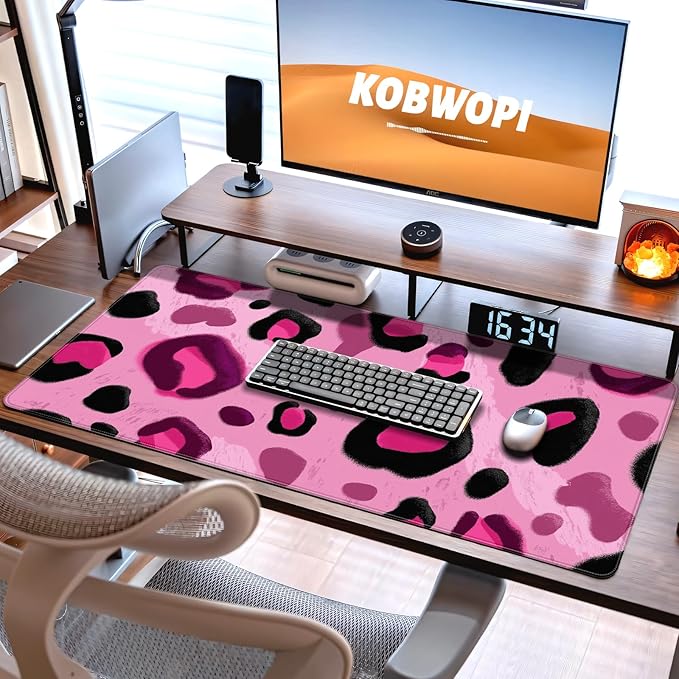 35.4 x 15.7 in, XXL Large Mouse Pad for Desk, Extended Keyboard Mouse Mat for Computer Office, Big Mouse pad with Stitched Edges, Gaming Pc-Pink and Black Leopard Print