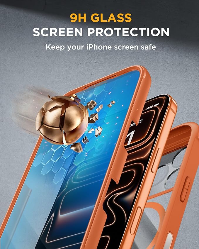 Miracase Magnetic for iPhone 17 Pro Case 6.3" [Compatible with MagSafe] Full-Body Phone Case with Built-in Glass Screen Protector & Camera Control,Drop Proof iPhone 17 Pro Cover, Orange