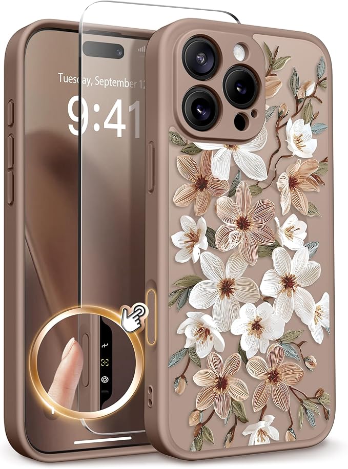 GVIEWIN for iPhone 16 Pro Case Compatible with MagSafe, [Military Grade Protection] [Screen Protector] Full Camera Protection Floral Translucent Women Magnetic Phone Case, Dogwood/Brown