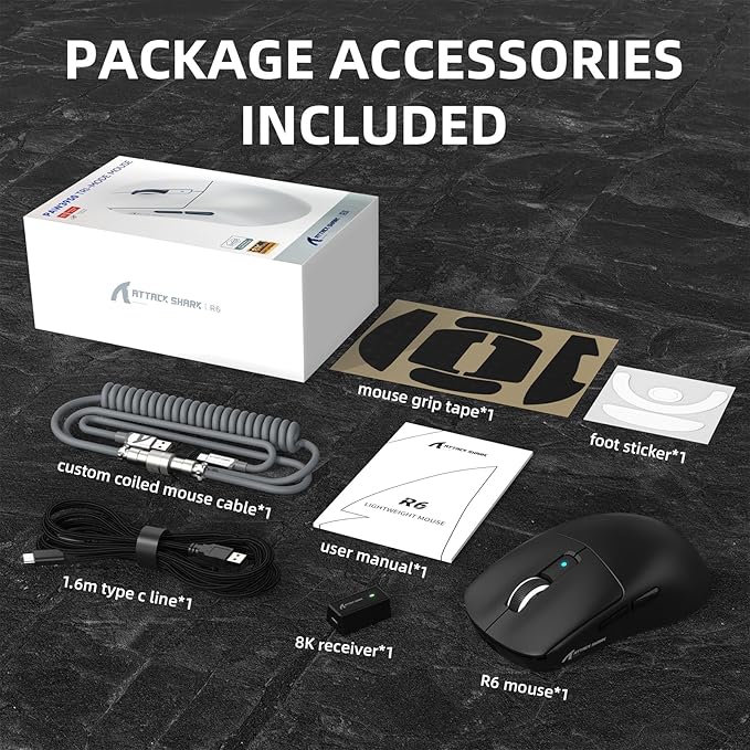ATTACK SHARK R6 39g Superlight Wireless Gaming Mouse,PixArt PAW3950MAX 42000 DPI,MCU Nodic 52840 Computer Mouse,8K Polling Rate Web Driver,BT/2.4Ghz/Wired Tri-Mode Mice with Coiled Cable-Black&Tape