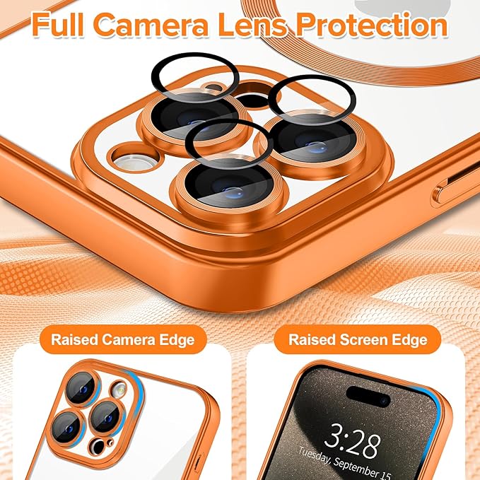 Hython Magnetic Clear for iPhone 15 Pro Case with Camera Lens Protector [Compatible with MagSafe] Luxury Plating Edge Slim Soft TPU Cover Protective Phone Case for iPhone 15 Pro 6.1", Matte Orange