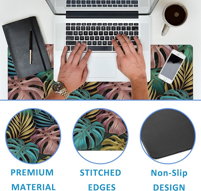 Colorful Tropical Palm Leaves Large Gaming Mouse Pad,Waterproof Desk Mat for Desktop,Non-Slip Rubber Base Mousepad with Stitched Edges for Laptop Office and Home 35.4X15.7 Inch