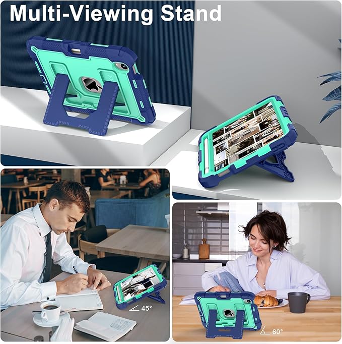 Kids Friendly Case for Apple iPad mini 7 A17 Pro 2024/iPad Mini 6 2021 8.3 Inch 7th/6th Gen Case with Pencil Holder & Shoulder Strap, Shockproof Kickstand Hard Shell Protective Cover,Blue+Mint