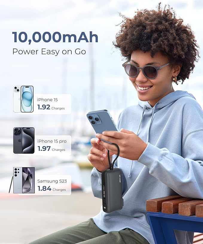 JOYFAR 1 Pack Portable Charger with Built-in USB-C Cable & Plug, 10,000mAh 5V/4.5A Power Bank Fast Charging 22.5W, Travel Essential Battery Pack 3 Output for iPhone 16/15 Series, Samsung Galaxy, iPad
