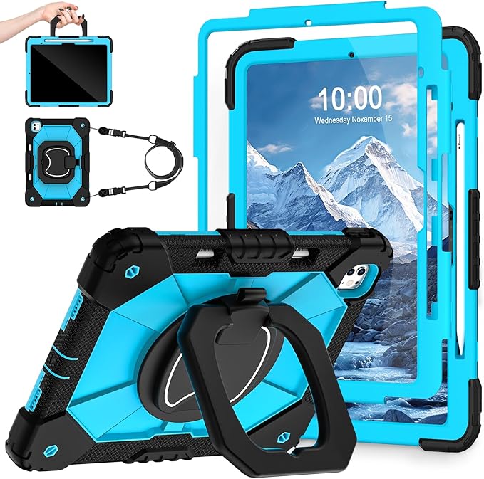 WESOROL Case for iPad Pro 13 Inch M5 2025/M4 2024 (7th Gen) with Screen Protector/360° Rotating Stand/Pencil Holder/Shoulder Strap,Military Grade Shockproof iPad Case 13 Inch iPad Pro M5/M4,Black Blue