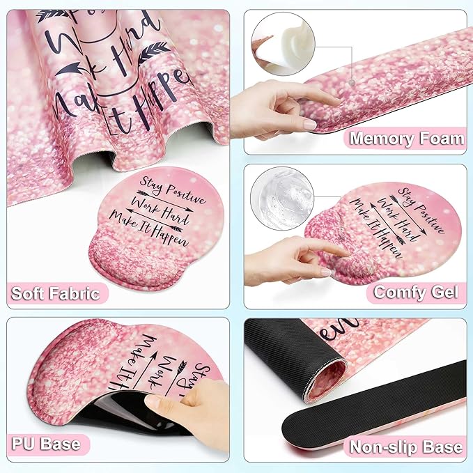 Desk Mat Set + Keyboard and Mouse Pad with Wrist Rest Support,4-in-1 Large Mousepad Computer Mats for Desktop Home & Office-Glitter Pink
