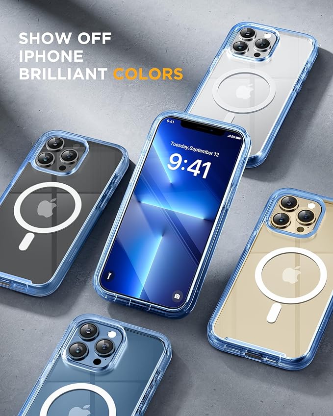 Miracase Magnetic for iPhone 13 Pro Max Case 6.7 inch, (Compatible with MagSafe) Upgrade Full-Body Clear Phone Bumper Case with Built-in 9H Tempered Glass Screen Protector, Magnetic Clear Blue