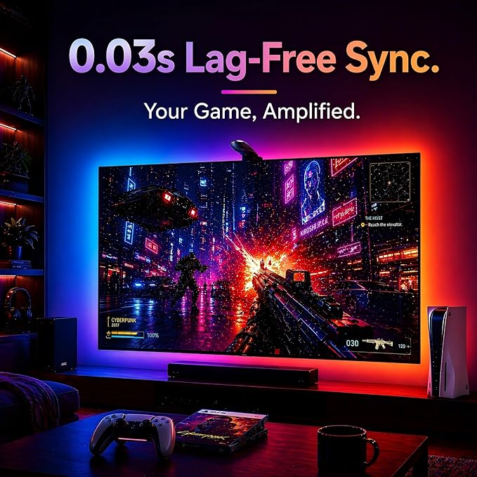AOC TV LED Backlight, TV Lights that Change with TVs for 55-65 inch Screen, RGB Strip Lighting with Sensor, Syncs Behind the Monitor, Smart App Control, Movie Game Music & DIY Mode, 14.8FT