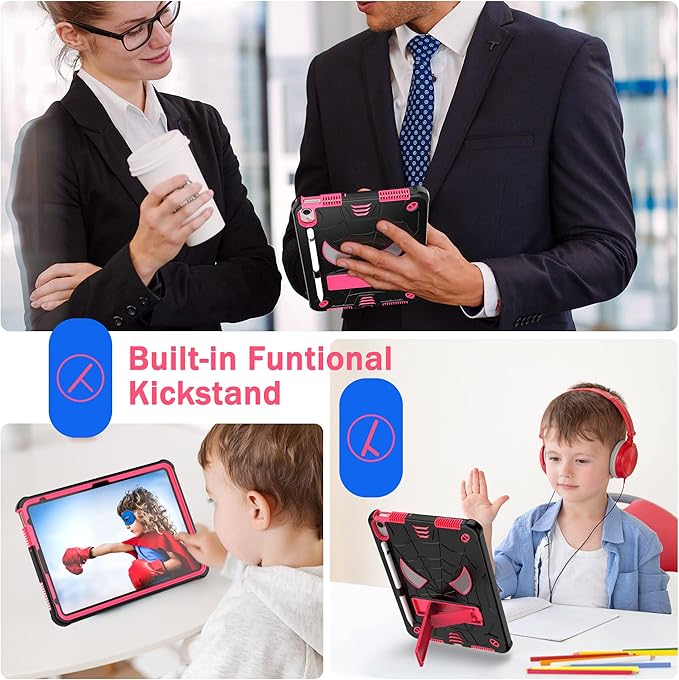 Dteck for iPad Air (3rd Generation) 2019/iPad Pro (2017 Release) Hard Case 10.5" with Kickstand, Shoulder Strap/Screen Protector Film/Stylus Included, Shockproof Cute Spider Kid's Cover, Black/Rose