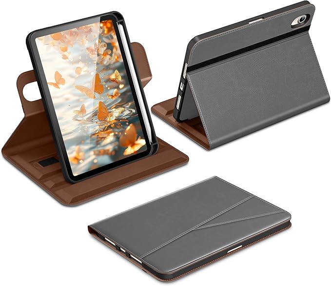 DTTO for iPad mini 7 (A17 Pro) Case, iPad mini 7th / 6th Generation Case (2024/2021), 360 Degree Rotating Premium Leather Folio Stand Cover with Pencil Holder, Grey