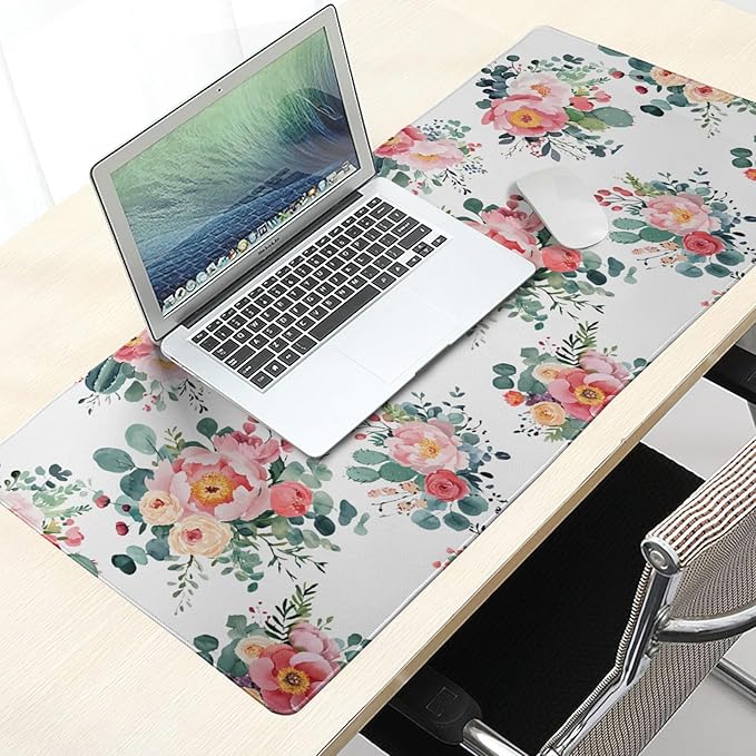 Kawani Pink Floral Gaming Mouse Pad & Keyboard Mat, XXL Large (31.5x11.8 Inch), Waterproof, Non-Slip, Soft, Fabric & Rubber