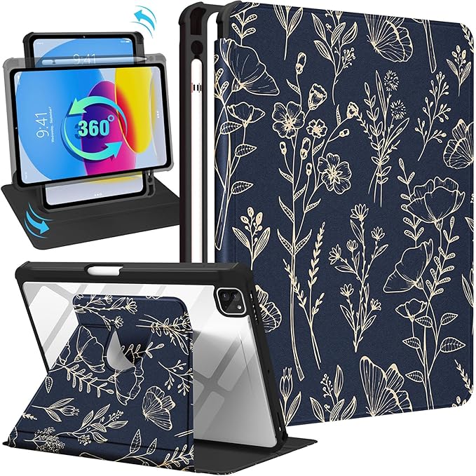 Uppuppy for iPad Air 11 inch Case, Air 5th/4th Generation 10.9, Pro 11'' Case Women Girls for Apple Pencil Holder Cute Flower Floral Rotating Folio Cover for Apple iPad Air 4/5 (2020/2022)/Pro 11"