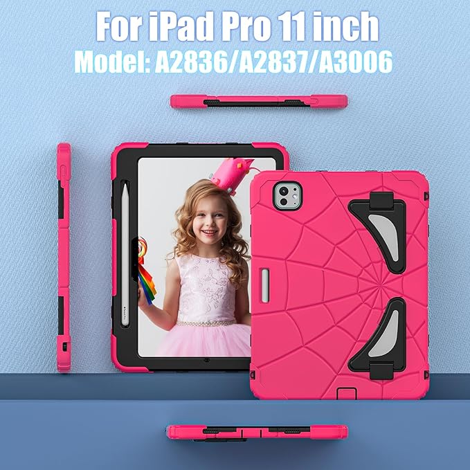 AKABEILA Compatible with Apple iPad Pro 11(2024) 11 inch Tablet Case，Lightweight Shockproof Rugged Protective Cover with Kickstand for Kids Children Boys Babies Strawberry Black