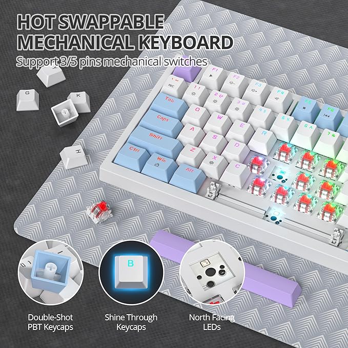 75% Purple Mechanical Gaming Keyboard with Hot Swap RGB and Gasket Mount - TKL Red Switch, 75 Percent, Creamy Mechanical Keyboard (82 Purple White)