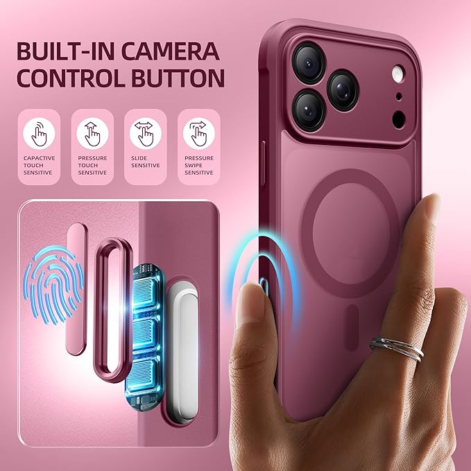 BERFY for iPhone 17 Pro Case, Compatible with MagSafe, Built-in Privacy Screen Protector, Camera Protection, Shockproof Full Body Phone Case 6.3", Translucent Red