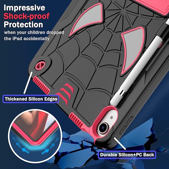 Dteck for iPad Air (3rd Generation) 2019/iPad Pro (2017 Release) Hard Case 10.5" with Kickstand, Shoulder Strap/Screen Protector Film/Stylus Included, Shockproof Cute Spider Kid's Cover, Black/Rose