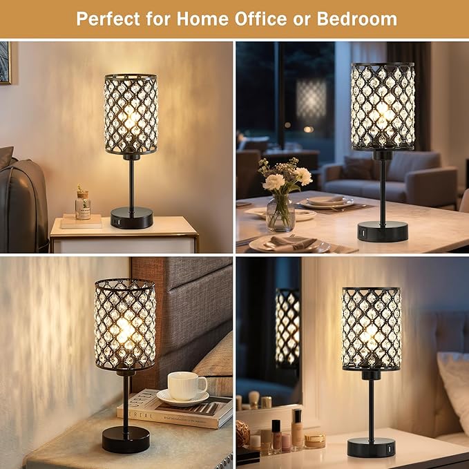 GyroVu Touch Control Table Lamp, Black Crystal Table Lamps Set of 2 with 2 USB Charging Ports, Dimmable Bedside Nightstand Lamps for Living Room, Bedroom, Guest Room, Bulbs Included