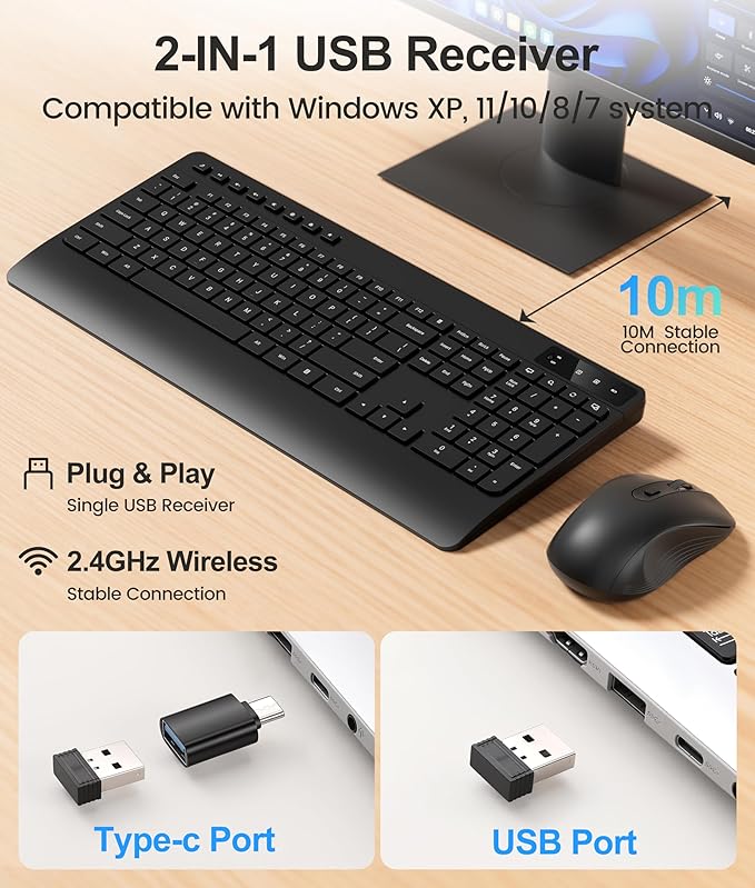 Quiet Wireless Keyboard and Mouse Combo – 3-Level DPI Silent Mouse, Full-Size Ergonomic Wrist Rest, 2.4GHz Plug-and-Play, Multimedia Hotkeys for Windows Computer/Laptop, Black