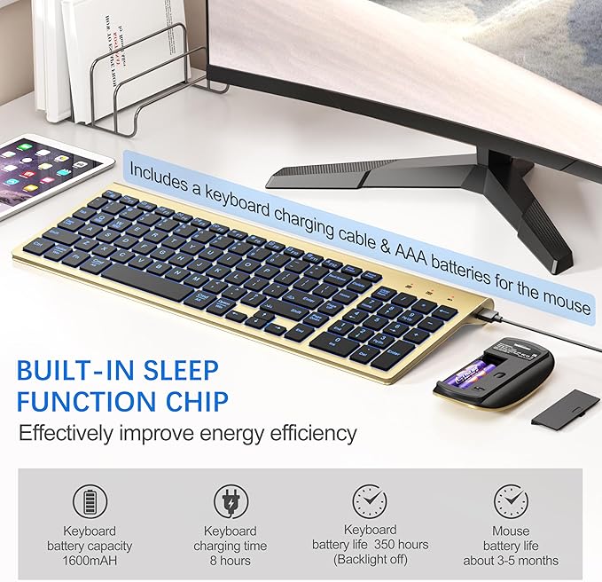 TopMate Wireless Keyboard and Mouse Ultra Slim Combo, 2.4G Silent Compact USB 2400DPI Mouse and Scissor Switch Backlit Keyboard Set, for PC/Laptop/Windows/Mac/Gaming - Gold Black