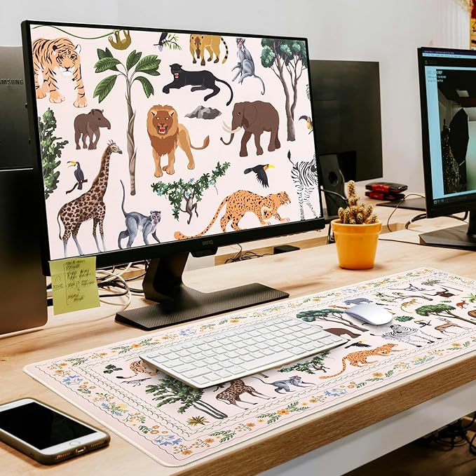 L-SPOUTTO Jungle Animal Desk Mat for Keyboard and Mouse,XXL Large Mouse Pad Non-Slip Keyboard Pad Waterproof Desktop Mat for Laptop Computer Work Game Home Office-Ivory/Beige