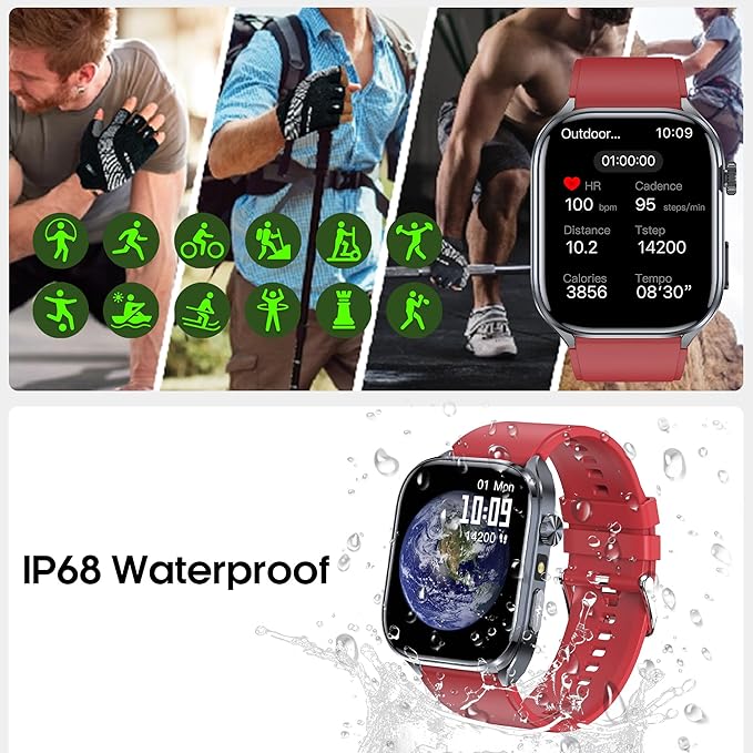 Advanced Health Smartwatch for Women Men with Real-Time Monitoring of Heart Rate, Sleep Quality and Stress Levels, Always-On Display，Bright Flashlight (Red)