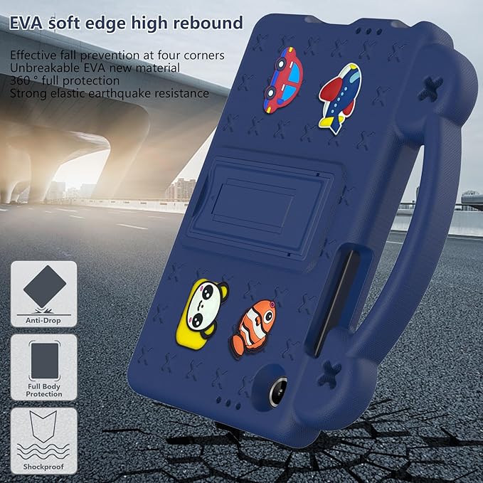 AKABEILA Compatible with Lenovo Tab One 2025 8.7 inch Tablet Case, Kids Friendly Universal Lightweight Shockproof Protective Case with Shoulder Strap & Stand Handle Navy Blue