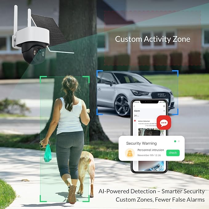 4G LTE Cellular Solar Security Camera Wireless Outdoor, No WiFi Solar Powered Cameras, 4MP PTZ 360° View, Motion Tracking, Color Night Vision, AI Detection, Built-in eSIM (No SIM Card Needed)