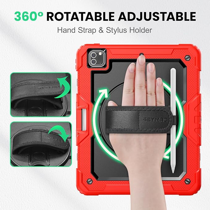 SEYMAC Case for iPad Pro 12.9 2022/2021/ 2020/2018, Heavy Duty Protection Shockproof Case with Screen Protector, 360° Rotating Stand/Handle/Shoulder Strap, Supports Pencil 2 Charging, Red
