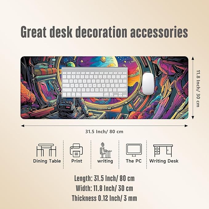 Extended Gaming Mouse Pad, Large Mouse Mat 3 mm Nature Rubber Base Mousepad with Stitched Edges, Non-Slip Desk Mat for Office Home Great Gift 31.5x11.8 Inch (Astronaut 3)