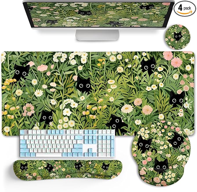 LIMKRIAN Cat Ergonomic Mouse Pad with Wrist Rest Desk Mat Set, Green Gaming Mouse Pad Wrist Support, Keyboard Mat Wrist Rest Cup Coaster Funny Office Decor