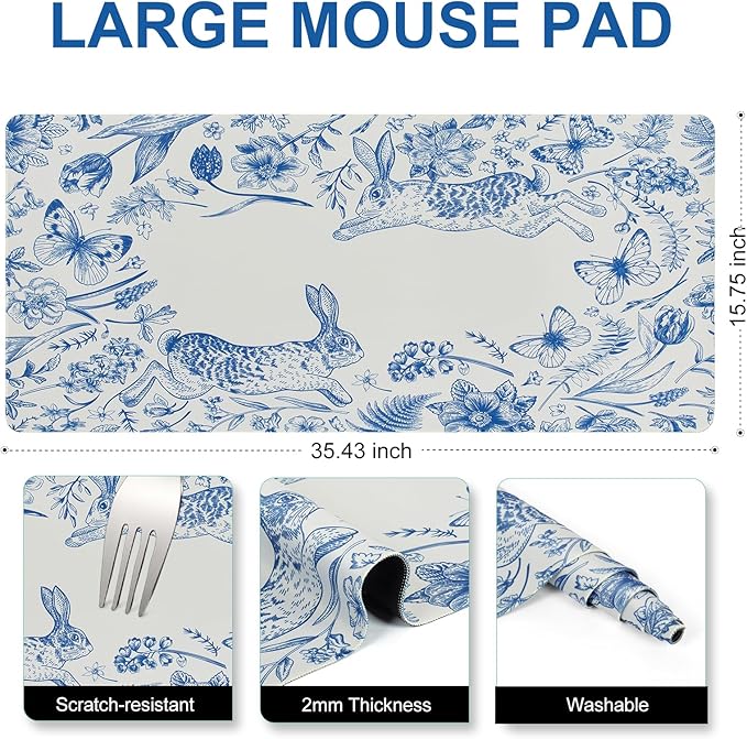 L-SPOUTTO Blue Floral Desk Mat for Keyboard and Mouse,Cute XXL Gaming Mouse Pad,Large 35.4x15.7in Non-Slip Rubber Base Keyboard Pad Waterproof Desktop Mat for Laptop Computer Work Home Office-Rabbits