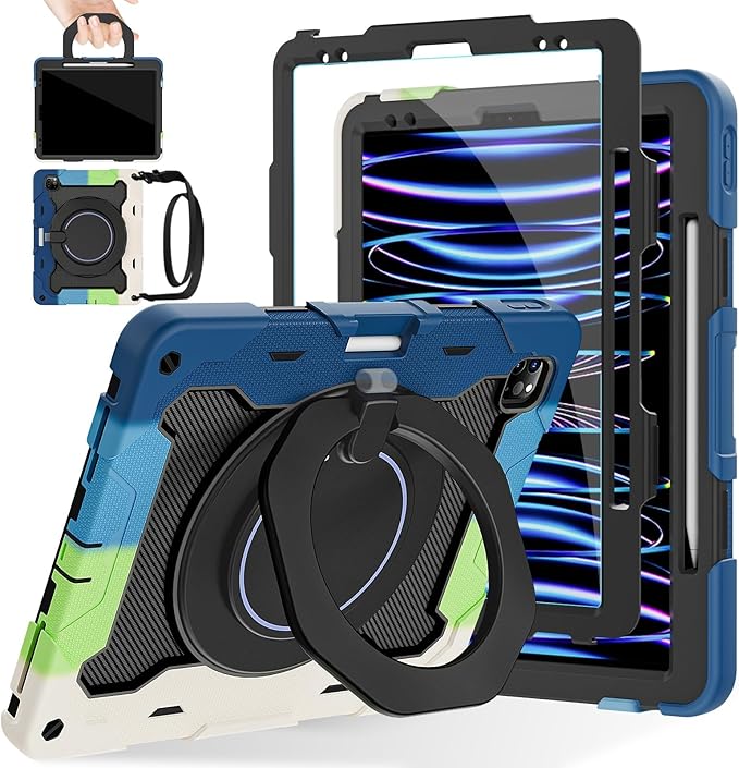 ROISKIN for iPad Pro 12.9 -Inch Case (6th, 5th, 4th & 3rd Gen)with HD Screen Protector, 360 Stand, Handle, Pencil Holder,Shoulder Strap[15ft Drop Protection]Rugged Bulky Full Body 12.9 iPad Pro Case