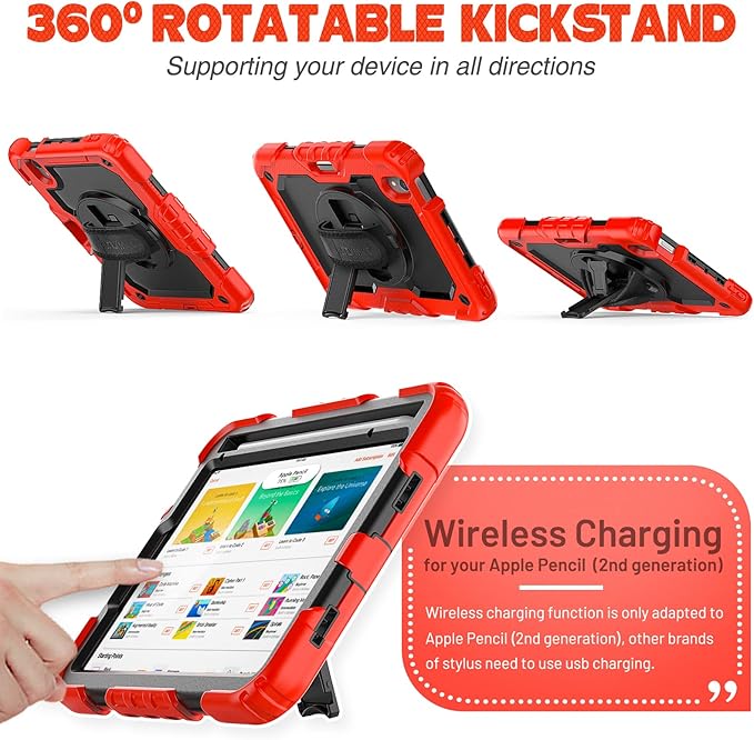 SEYMAC stock Case for iPad mini 7 (A17 Pro) 2024/ Mini 6 8.3'' with Screen Protector Pencil Holder [360 Rotating Hand Strap] &Stand, Drop-Proof Case for iPad mini 7th/6th Generation 8.3", Black+Red