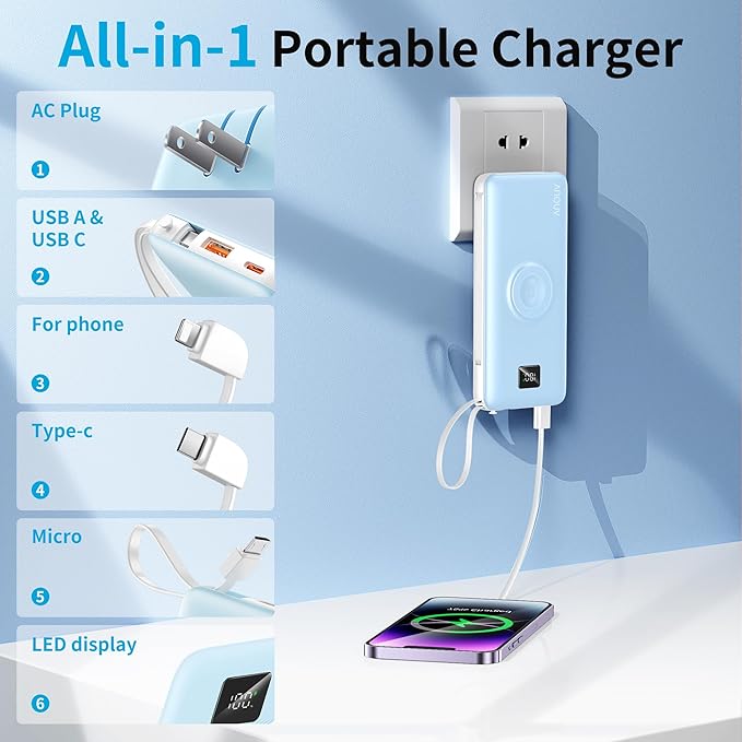 Portable Charger Built-in Cables, AC Wall Plug and Magnetic Wireless iWatch Charger, 10000mAh 22.5W PD Fast Charging Power Bank, Compact Battery Pack Travel Essentials for iPhone/Samsung/Apple Watch
