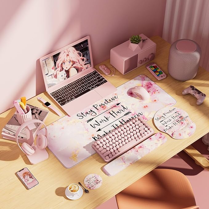 Large Mouse Pad and Keyboard Wrist Rest + Desk Mat Set,Full Long Mouse Pads for Desk Accessories with Memory Foam Gel Pink Mousepad for Women Computer Desktop Office Work-Pink & Black Slogan
