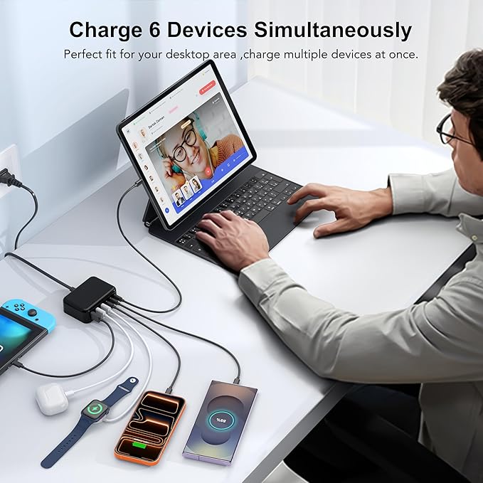 [2026 Updated] USB C Fast Charger, 100W GaN 6 Port Type C Charging Station Hub Block Cube, USB C Wall Charger Power Strip Adapter Plug for iPad iPhone 17 16 15 14 Pro Max Pixel Note Galaxy, 5ft Cord