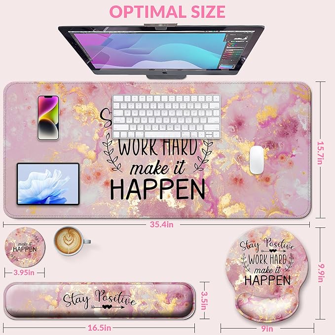 Desk Mat Set + Keyboard and Mouse Pad with Wrist Rest Support,4-in-1 Large Mousepad Computer Mats for Desktop Home & Office-Pink Positive