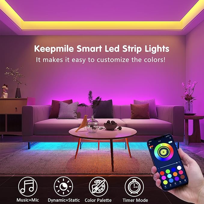 Keepsmile 130ft Led Strip Lights (2 Rolls of 65ft) Bluetooth Smart App Control RGB Led Light Strip with Remote,Music Sync Color Changing Led Lights for Bedroom Room Home Party Decor
