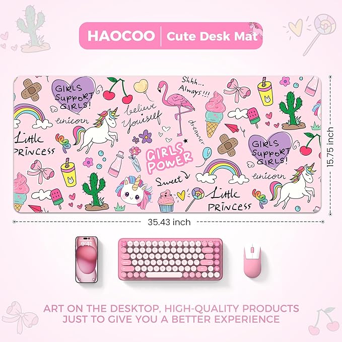 HAOCOO Kawaii Large Desk Mat for Girls, 35.4"x15.7" PU Leather Computer Pad, Waterproof Desk Protector Writing Pad, Cute Office Accessories for Women,Stitched Edges Keyboard Mat for Home