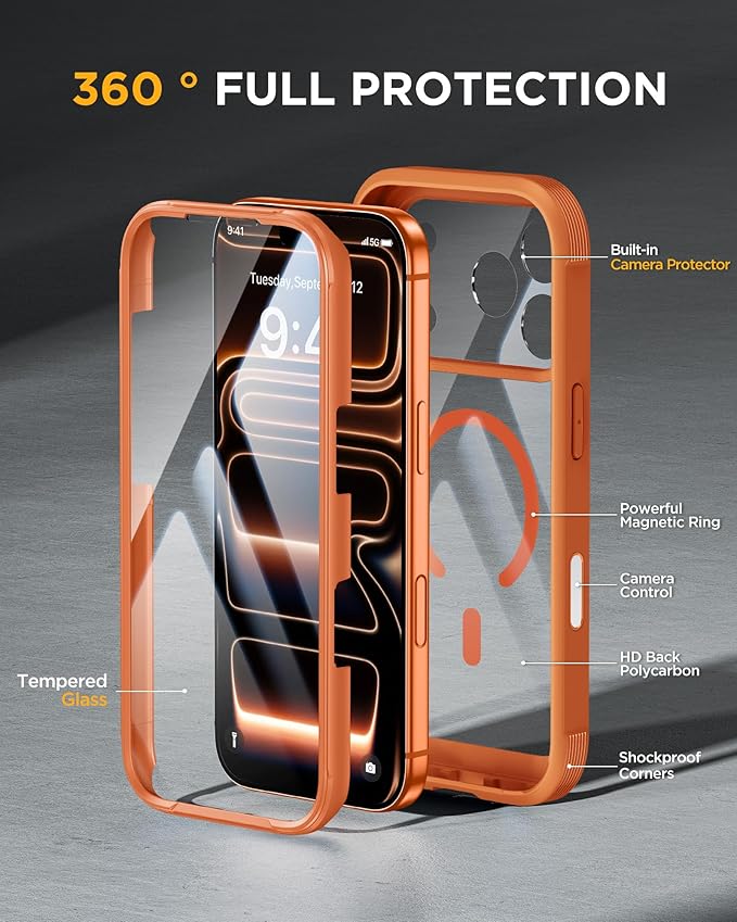 Miracase Magnetic for iPhone 17 Pro Case 6.3" [Compatible with MagSafe] Full-Body Phone Case with Built-in Glass Screen Protector & Camera Control,Drop Proof iPhone 17 Pro Cover, Orange