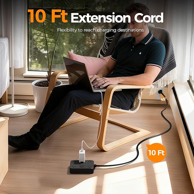 TESSAN 10Ft Black Extension Cord with Multiple Outlets, Surge Protector Power Strip with 6 Outlets and 4 USB Ports (2 USB C), 2100 Joules Protection, Flat Plug, Outlet Extender for Home, Office, Dorm